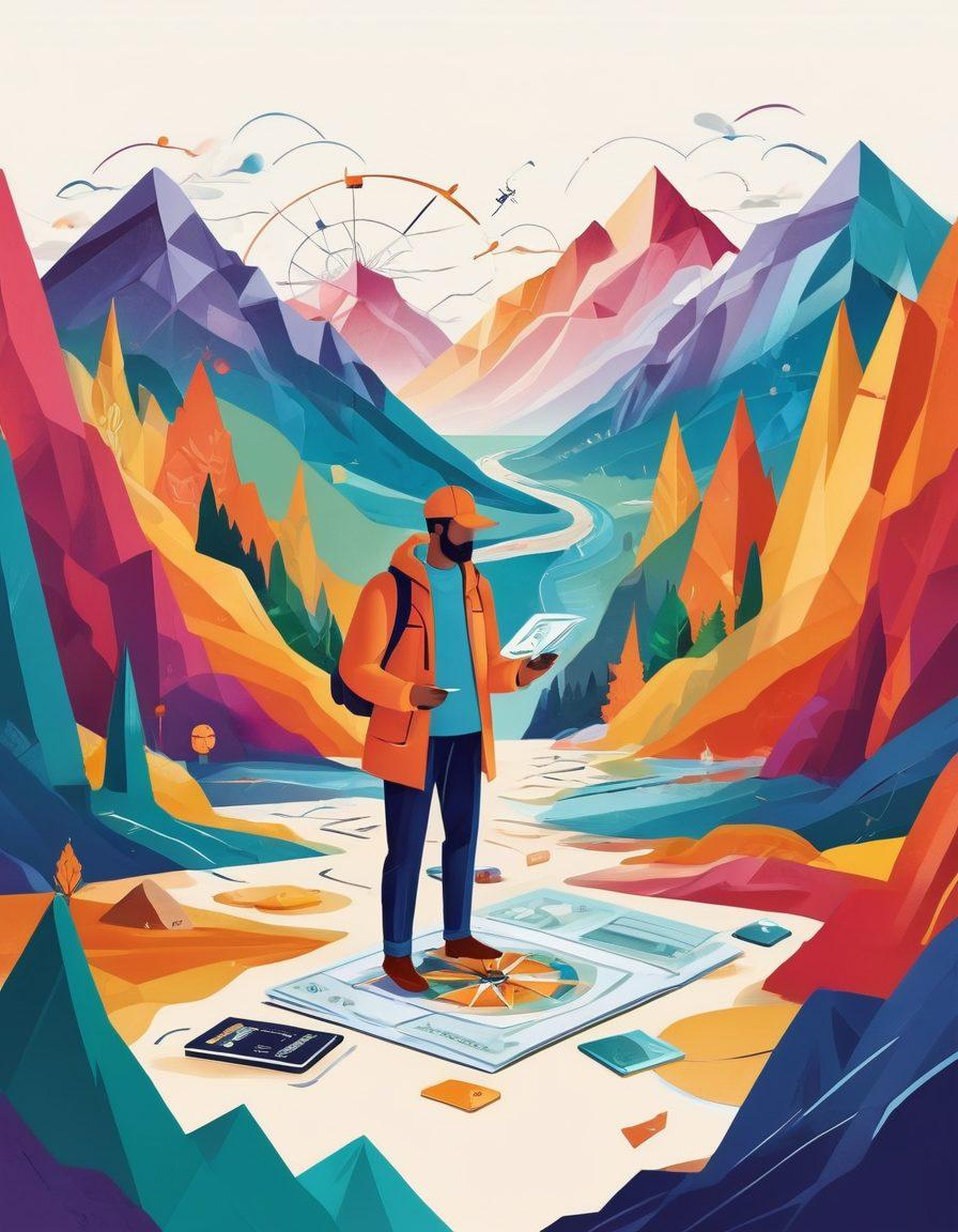 A skilled navigator holding a compass, surrounded by abstract representations of financial elements like credit cards, dollar signs, and books on personal finance. The background features a stylized landscape of mountains symbolizing challenges and pathways leading toward a bright financial future. The scene is vibrant and inviting, encouraging exploration and education. vector art. vibrant colors. white background.