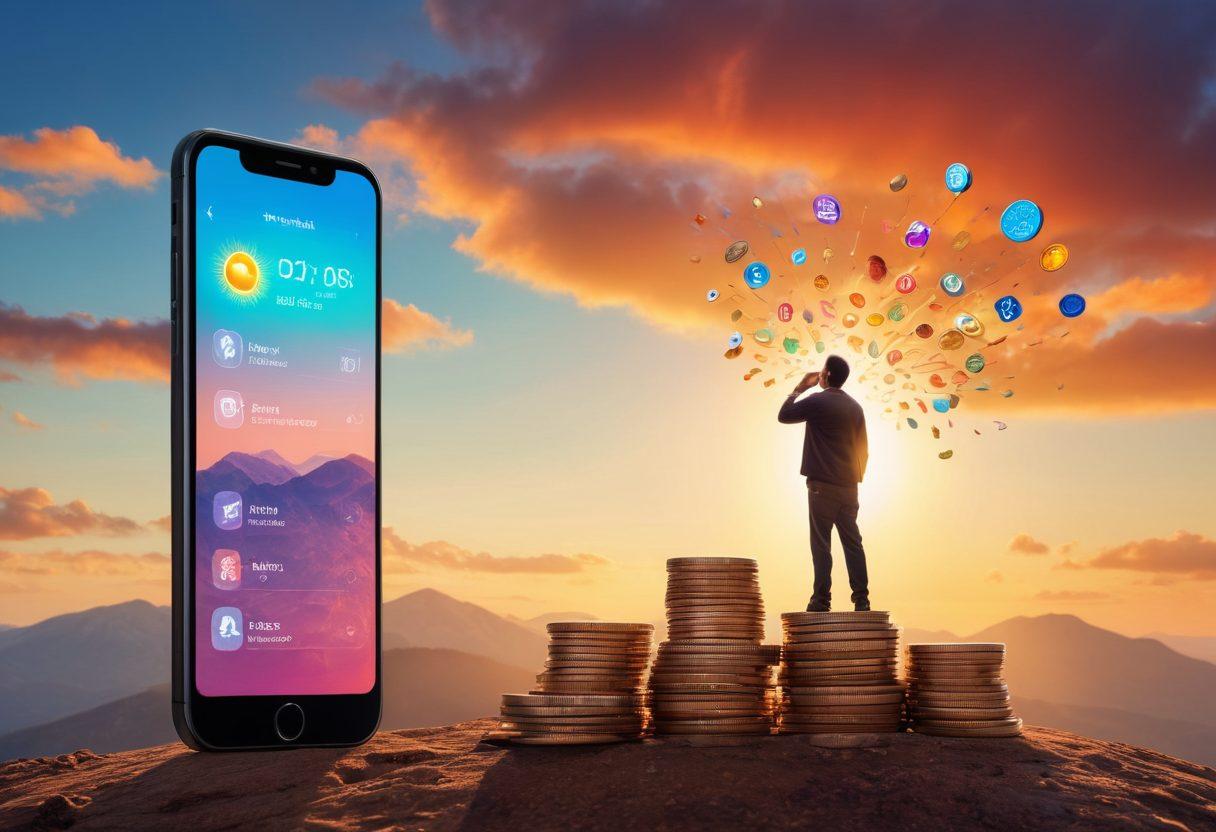 A person standing confidently atop a mountain of coins, surveying a bright horizon symbolizing financial freedom. In one hand, they hold a smartphone displaying a financial app, while in the other, a chart showing upward growth flutters in the wind. Surrounding them are colorful symbols of debt like broken chains and a rising credit score gauge. The sky is clear with a radiant sun, symbolizing hope and a new beginning. super-realistic. vibrant colors. motivational.