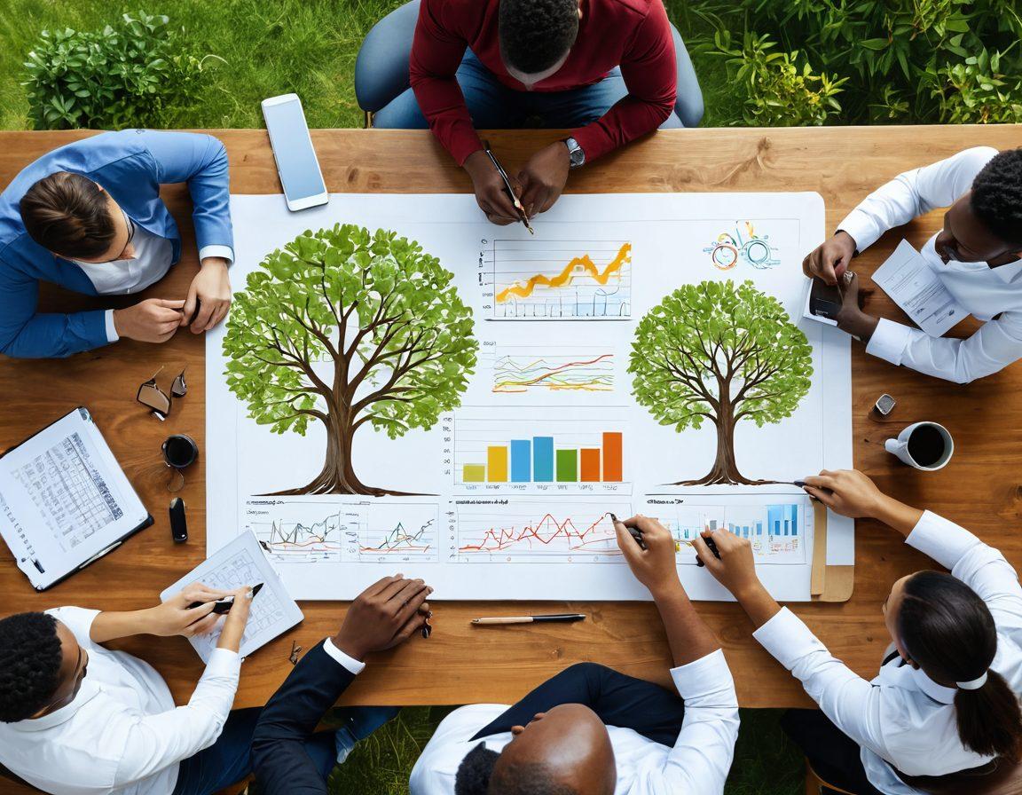 A serene scene depicting a diverse group of individuals confidently discussing financial plans around a large wooden table. They are drawing charts and budgets on a digital tablet, with symbols of financial freedom like a rising graph and golden keys surrounding them. The background showcases a calming landscape of open skies and flourishing trees, symbolizing growth and opportunity. Modern and inviting color palette. super-realistic. vibrant colors. white background.